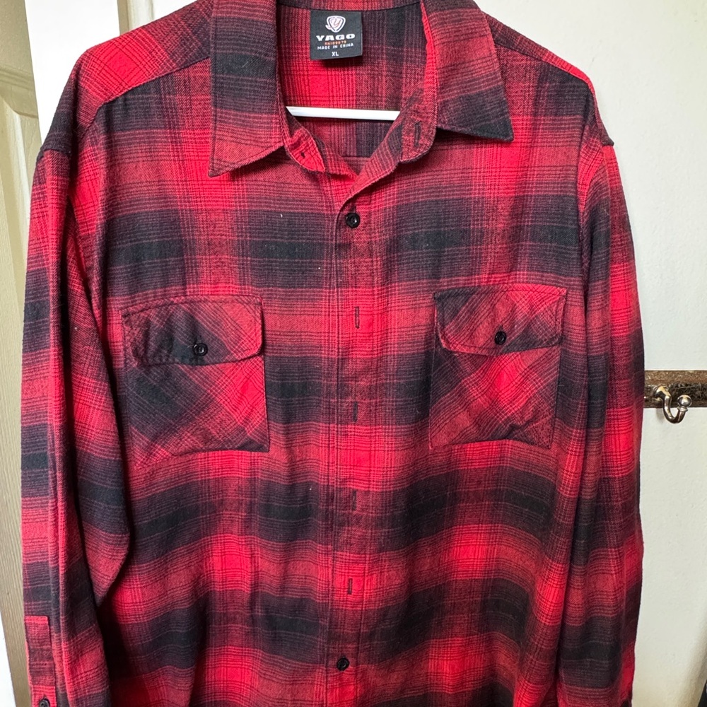 Red and Black Casual Button Down Shirt with Plaid Pattern
